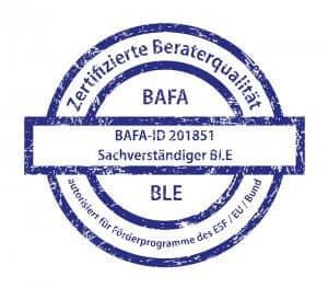 Ein Stempel symbolisiert die zertifizierte Beraterqualität von Michael Wühle in den Förderprogrammen von BAFA und BLE der Stempel symbolisiert die zertifizierte Beraterqualität von Michael Wühle in den Förderprogrammen von BAFA und BLE