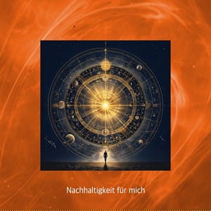 Nachhaltigkeit im Alltag: Ein Mensch steht als Teil eines kosmischen Ganzen auf einem Planeten und richtet seinen Blick auf ein leuchtendes Zentrum. Das Bild symbolisiert die tiefe Verbundenheit des Menschen mit der Schöpfung und die Bedeutung nachhaltigen Handelns für ein erfülltes Leben im Einklang mit dem Universum.