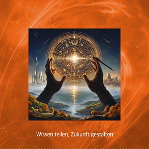 Eine leuchtende Kugel, die von zwei Händen gehalten wird und geheimnisvolle Zeichen und Symbole enthält. Die Darstellung symbolisiert die Erlangung von Wissen und Schaffung neuer Ideen, die für eine nachhaltige Zukunft unerlässlich sind.