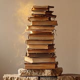 Ein Stapel Bücher, umgeben von goldenem Staub steht auf einem Fundament aus Steinplatten. Die Darstellung symbolisiert die Erlangung von Wissen und Schaffung neuer Ideen, die für eine nachhaltige Zukunft unerlässlich sind.