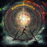 Das Bild zeigt, wie der Mensch sich in einem Hamsterrad des Konsumwahns unaufhörlich und völlig sinnlos dreht. Ein leuchtendes Symbol für Nachhaltigkeit strahlt wie ein Stern in der Nabe des Hamsterrades.