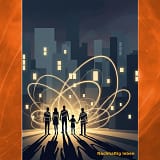 Das Bild zeigt eine Gruppe Menschen vor der nächtlichen Silhouette einer Großstadt. Die Gruppe wird von leuchtenden Strahlen umhüllt, die sie in kreisförmigen Bahnen umgeben. Das Bild symbolisiert die Notwendigkeit gemeinsam aktiv zu werden, wenn die Transformation unserer Gesellschaft zur Nachhaltigkeit gelingen soll.