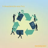 Minimalistische Illustration im Silhouetten-Stil zum Thema Kreislaufwirtschaft und Secondhand-Konsum. Mehrere dunkle Personensilhouetten stehen um ein großes, kreisförmiges Pfeilsymbol in Teal- und Grüntönen. Die Personen tauschen Symbole für Gebrauchtwaren wie Laptops, Smartphones, Bücher und Kleidung aus. Der Hintergrund ist ein freundlicher, heller Farbverlauf in sanften Blau- und Beigetönen.