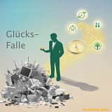 Das Bild zeigt eine menschliche Silhouette, die einen Kompass in der Hand hält. Der Kompass zeigt im Hintergrund auf Symbole für Zeit, Beziehungen, Natur und Liebe, während im Vordergrund ein grauer Konsumberg - die Glücks-Falle - verblasst.