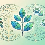 In der Mitte des Bildes sieht man eine stilisierte, wachsende Pflanze, deren Blätter aus verschiedenen Puzzleteilen bestehen, die nahtlos ineinandergreifen. Jedes Puzzleteil leuchtet in einer anderen Nuance eines Blau-Grün-Farbschemas, das für Nachhaltigkeit steht. Um die Pflanze herum bildet sich ein lebendiges, kreisförmiges Netzwerk aus feinen Linien und Verbindungspunkten, das eine Gemeinschaft für Nachhaltigkeit symbolisiert. In dieses Netzwerk sind minimalistische Icons integriert: eine kleine Handkarre mit Erde zwei Sprechblasen mit einem Zahnrad und eine kleine Weltkugel, die von einem schützenden Ring umgeben ist.