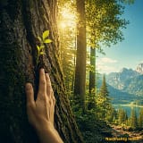 Das Bild symbolisiert die Verbundenheit des Menschen mit der Umwelt. Im Vordergrund berührt eine Hand sanft die raue, moosbewachsene Rinde eines mächtigen alten Baumstamms. Aus einer feinen Spalte der Baumborke sprießt direkt neben den Fingern ein kleiner, leuchtend grüner Schössling. Der Hintergrund zeigt einen lichtdurchfluteten Mischwald, durch dessen Blätterdach Sonnenstrahlen brechen. Auf der rechten Bildseite öffnet sich die Szene zu einer ruhigen Bergkulisse unter reinem blauem Himmel.